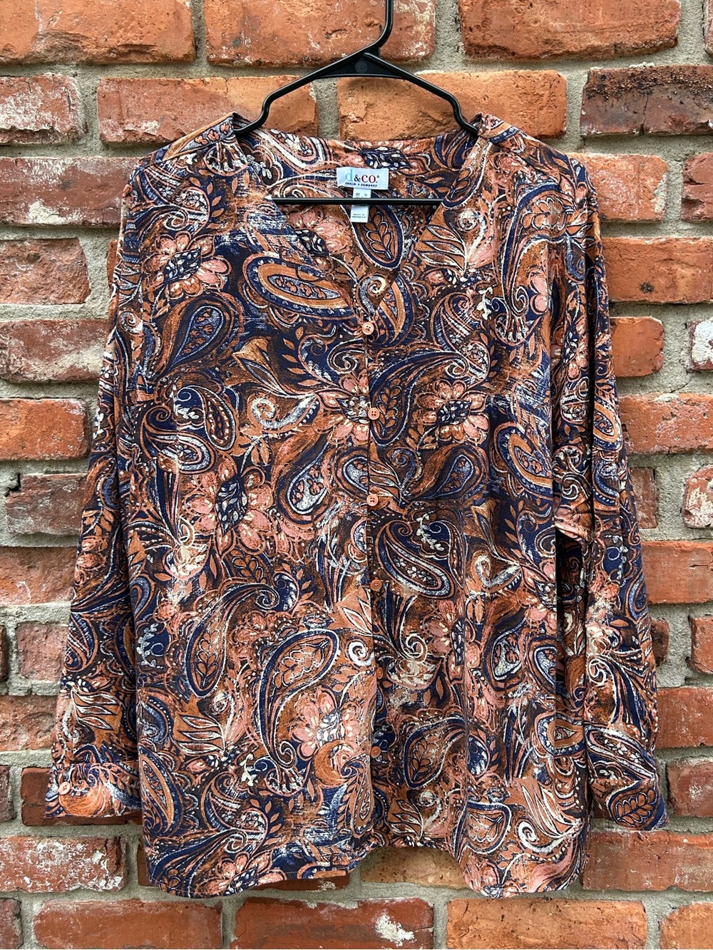 D & co Womens Paisley Button-Up Shirt V-Neck Collarless Long Sleeve 1X